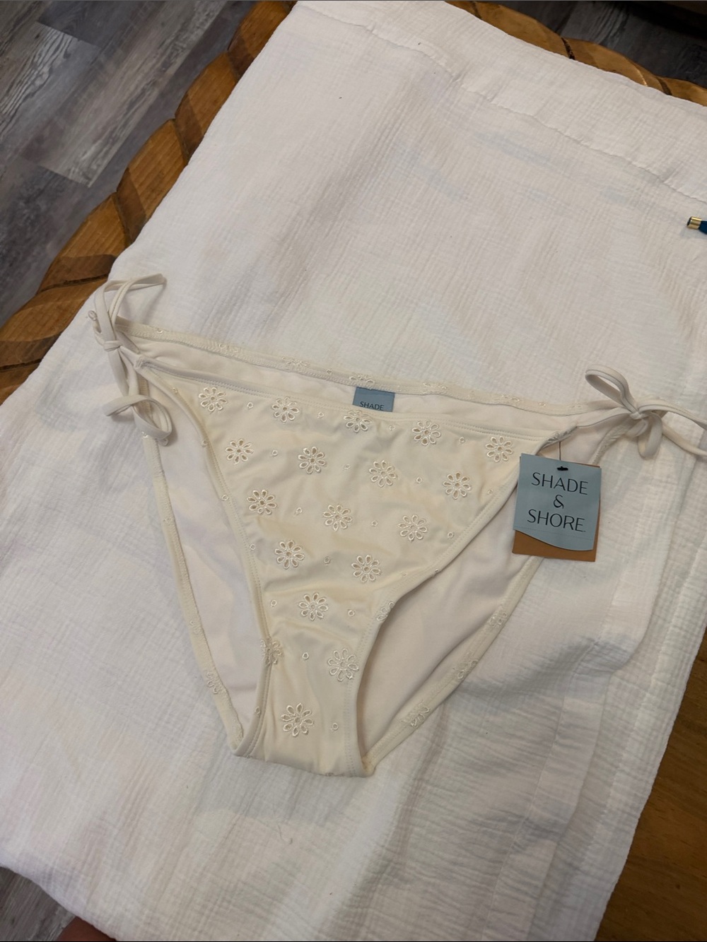 Shade & Shore Cream Embroidered Tie-Side Bikini Bottoms